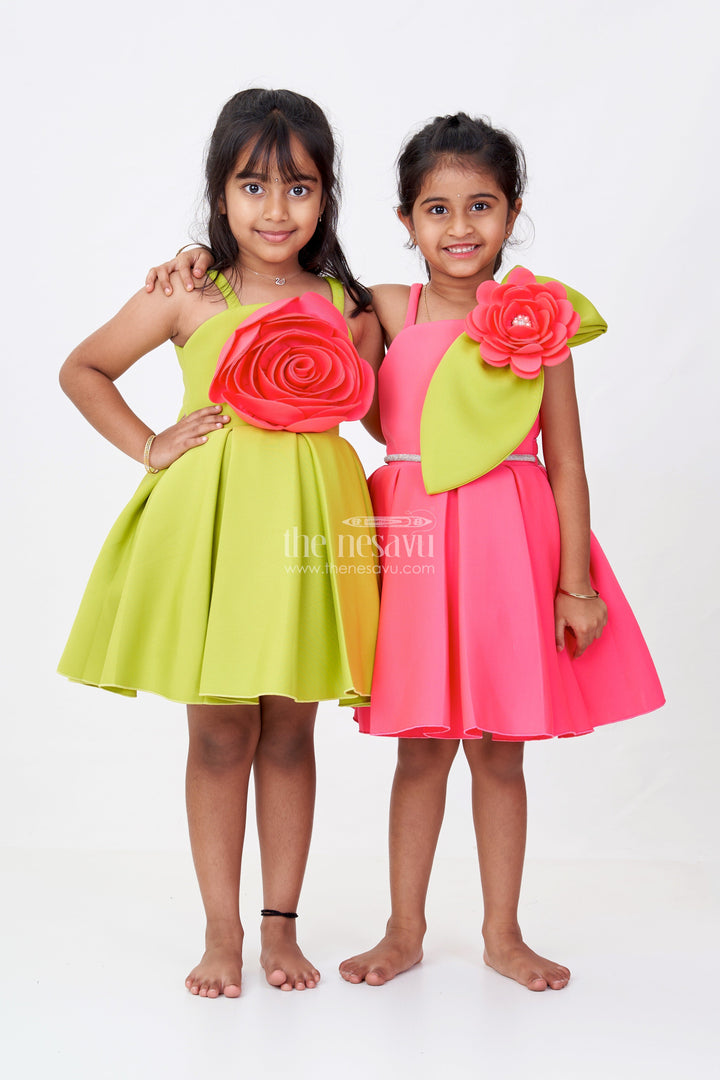 The Nesavu Girls Fancy Party Frock Girls Red Rose Flower Frock in Green Scuba Fabric with Oversized Floral Accent and Flowing Skirt Nesavu Nesavu Girls Red Rose Flower Frock Green Scuba Oversized Floral Detail Flared Pleated Skirt