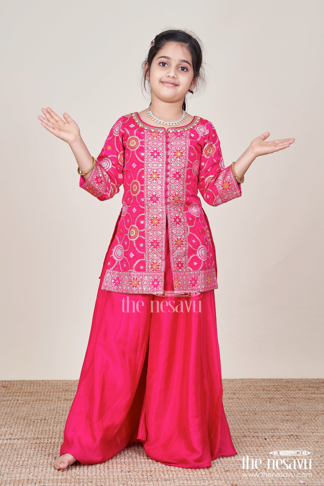 The Nesavu Girls Sharara / Plazo Set Girls Red Sharara Set with Embroidered Yoke for Weddings and Festive Wear Nesavu 26 (6Y) / Red GPS738A-26 Nesavu girls red sharara set embroidered kurti plazo pants festive occasions
