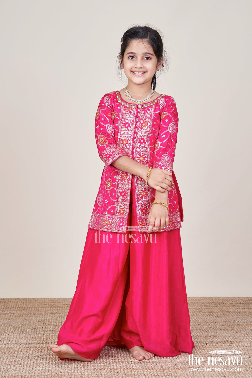 The Nesavu Girls Sharara / Plazo Set Girls Red Sharara Set with Embroidered Yoke for Weddings and Festive Wear Nesavu Nesavu girls red sharara set embroidered kurti plazo pants festive occasions