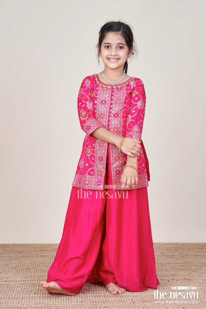 The Nesavu Girls Sharara / Plazo Set Girls Red Sharara Set with Embroidered Yoke for Weddings and Festive Wear Nesavu Nesavu girls red sharara set embroidered kurti plazo pants festive occasions