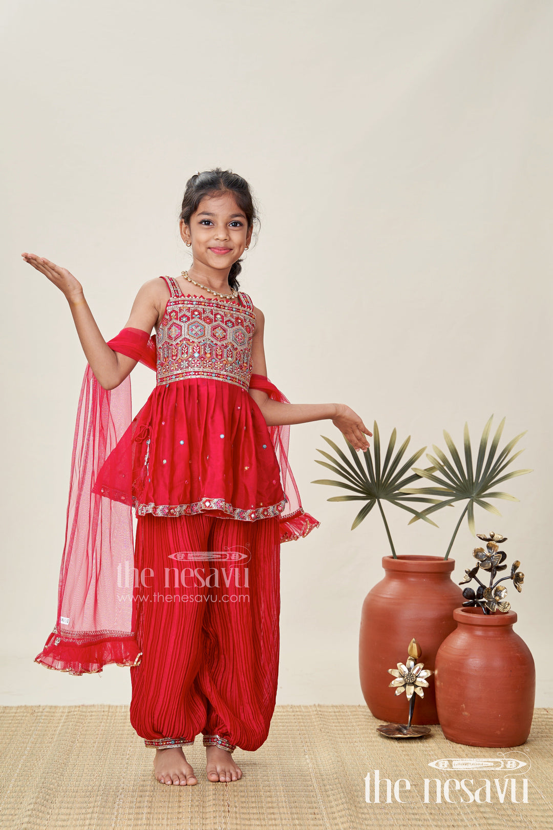 The Nesavu Girls Sharara / Plazo Set Girls Red Sharara Set with Mirror Embroidered Peplum Top Nesavu 16 (1Y) / Red GPS728A-16 Nesavu Red Sharara Set Girls Embroidered Peplum Top Dupatta