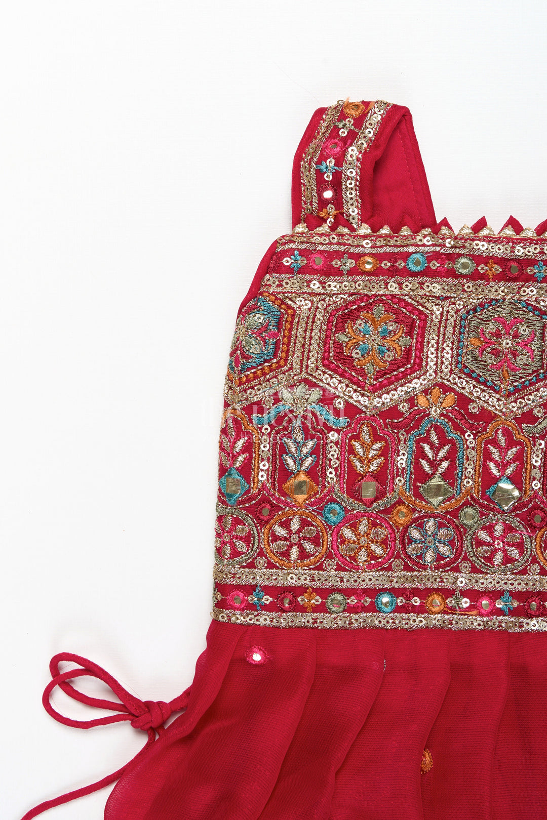 The Nesavu Girls Sharara / Plazo Set Girls Red Sharara Set with Mirror Embroidered Peplum Top Nesavu Nesavu Red Sharara Set Girls Embroidered Peplum Top Dupatta