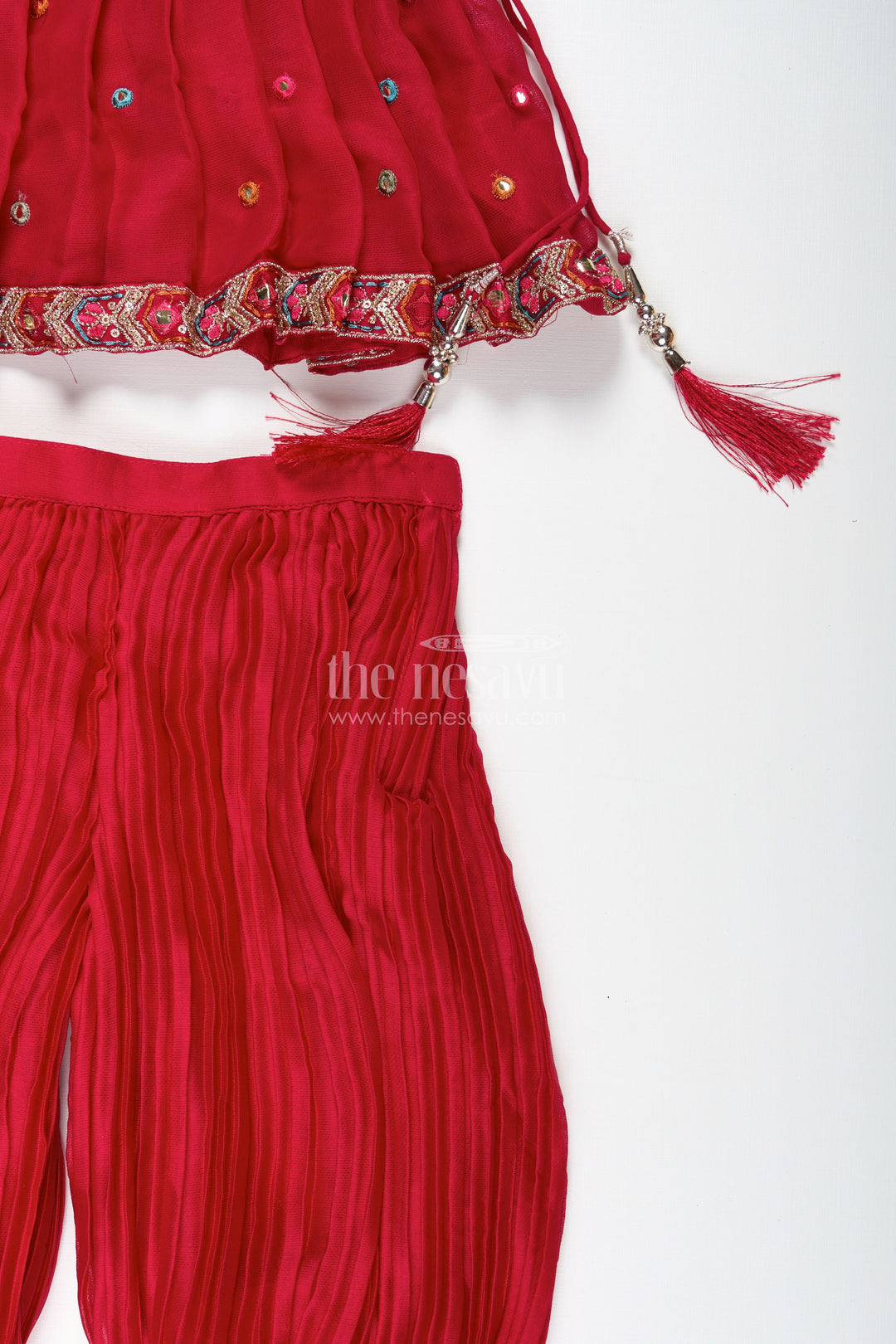 The Nesavu Girls Sharara / Plazo Set Girls Red Sharara Set with Mirror Embroidered Peplum Top Nesavu Nesavu Red Sharara Set Girls Embroidered Peplum Top Dupatta