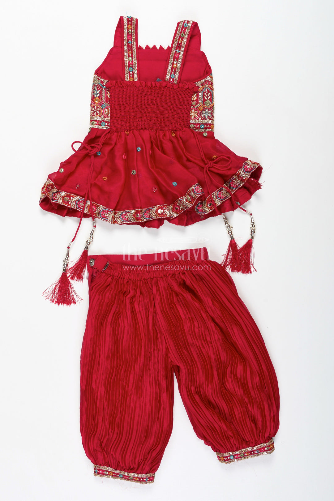 The Nesavu Girls Sharara / Plazo Set Girls Red Sharara Set with Mirror Embroidered Peplum Top Nesavu Nesavu Red Sharara Set Girls Embroidered Peplum Top Dupatta