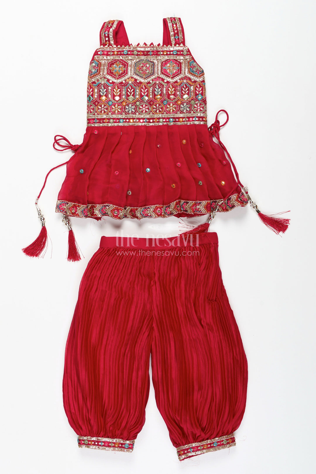 The Nesavu Girls Sharara / Plazo Set Girls Red Sharara Set with Mirror Embroidered Peplum Top Nesavu Nesavu Red Sharara Set Girls Embroidered Peplum Top Dupatta
