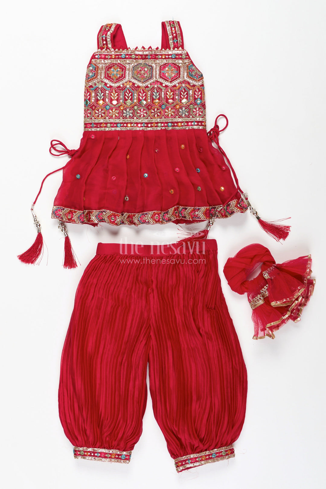 The Nesavu Girls Sharara / Plazo Set Girls Red Sharara Set with Mirror Embroidered Peplum Top Nesavu Nesavu Red Sharara Set Girls Embroidered Peplum Top Dupatta