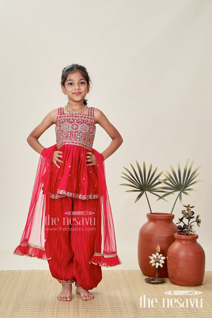 The Nesavu Girls Sharara / Plazo Set Girls Red Sharara Set with Mirror Embroidered Peplum Top Nesavu Nesavu Red Sharara Set Girls Embroidered Peplum Top Dupatta