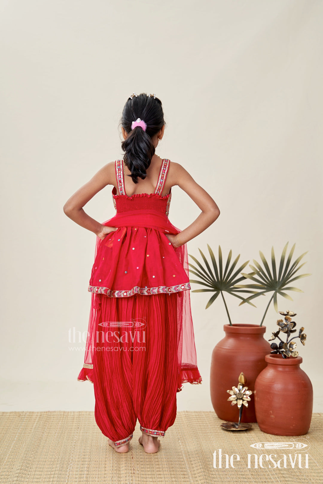 The Nesavu Girls Sharara / Plazo Set Girls Red Sharara Set with Mirror Embroidered Peplum Top Nesavu Nesavu Red Sharara Set Girls Embroidered Peplum Top Dupatta