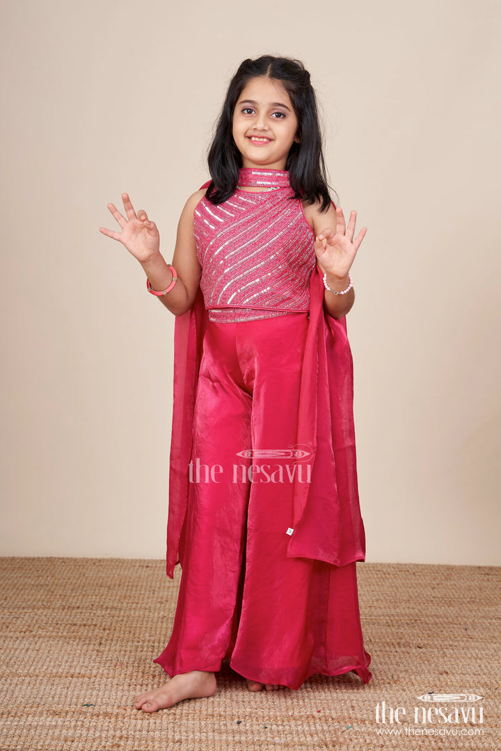 The Nesavu Girls Sharara / Plazo Set Girls Red Sharara Set with Sequin Blouse for Party and Wedding Wear Nesavu 18 (2Y) / red GPS853A-18 Nesavu red sharara set girls sequin embroidered top  perfect weddings parties