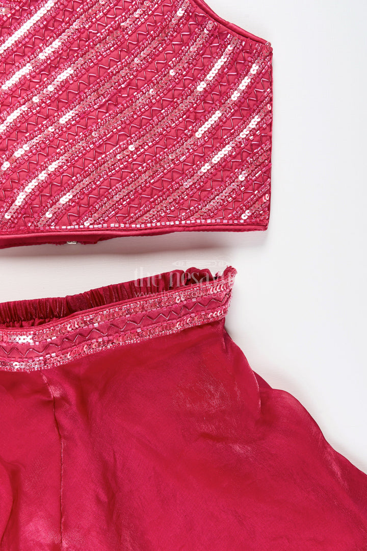 The Nesavu Girls Sharara / Plazo Set Girls red sharara set with sequin blouse for party and wedding wear Nesavu Nesavu red sharara set girls sequin embroidered top  perfect weddings parties