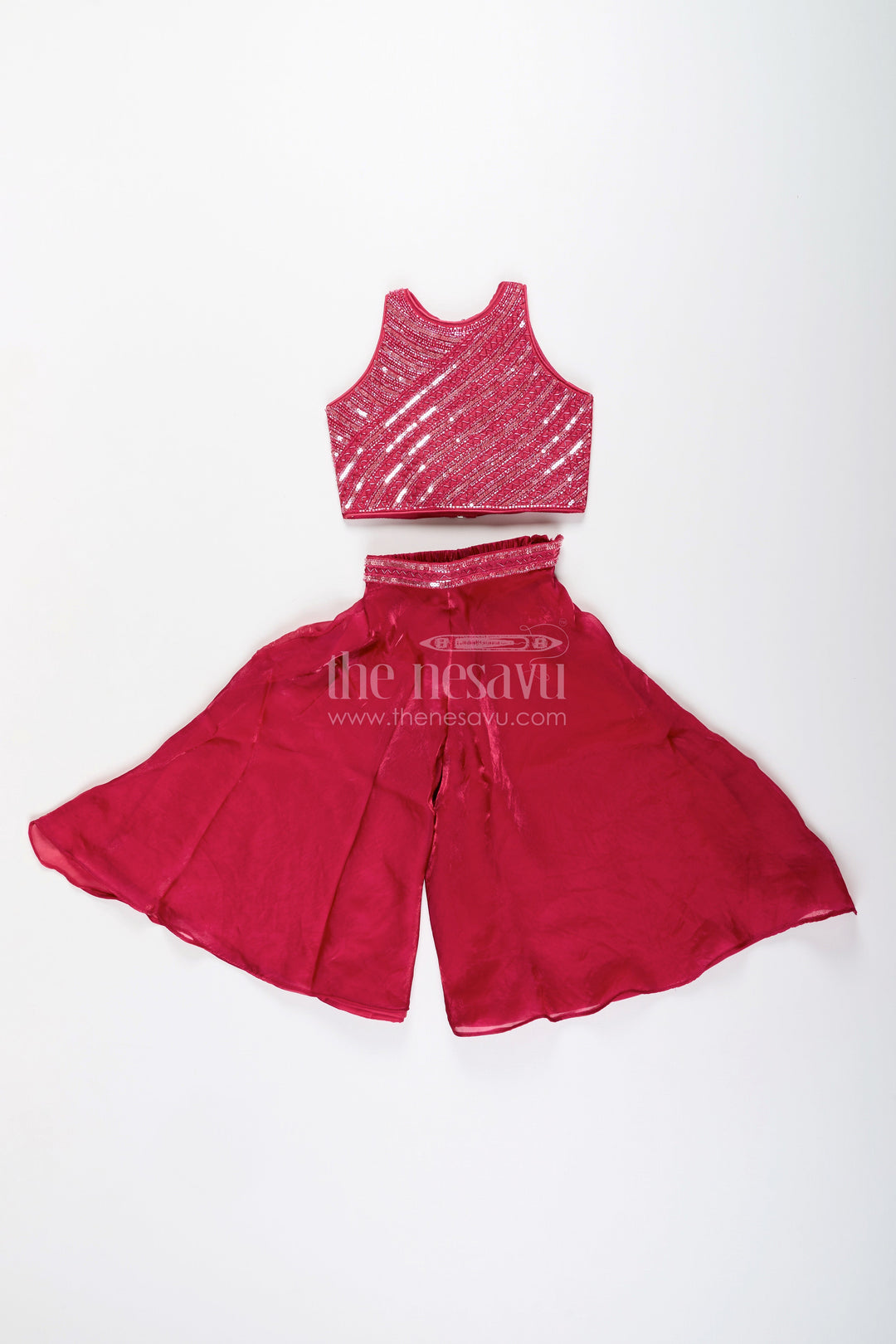 The Nesavu Girls Sharara / Plazo Set Girls red sharara set with sequin blouse for party and wedding wear Nesavu Nesavu red sharara set girls sequin embroidered top  perfect weddings parties