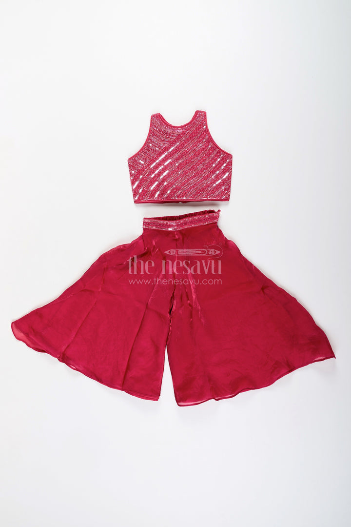 The Nesavu Girls Sharara / Plazo Set Girls red sharara set with sequin blouse for party and wedding wear Nesavu Nesavu red sharara set girls sequin embroidered top  perfect weddings parties