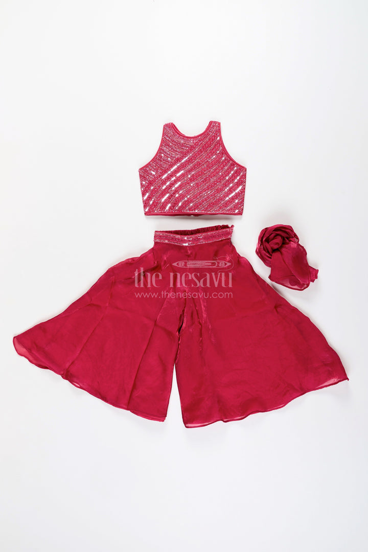 The Nesavu Girls Sharara / Plazo Set Girls red sharara set with sequin blouse for party and wedding wear Nesavu Nesavu red sharara set girls sequin embroidered top  perfect weddings parties