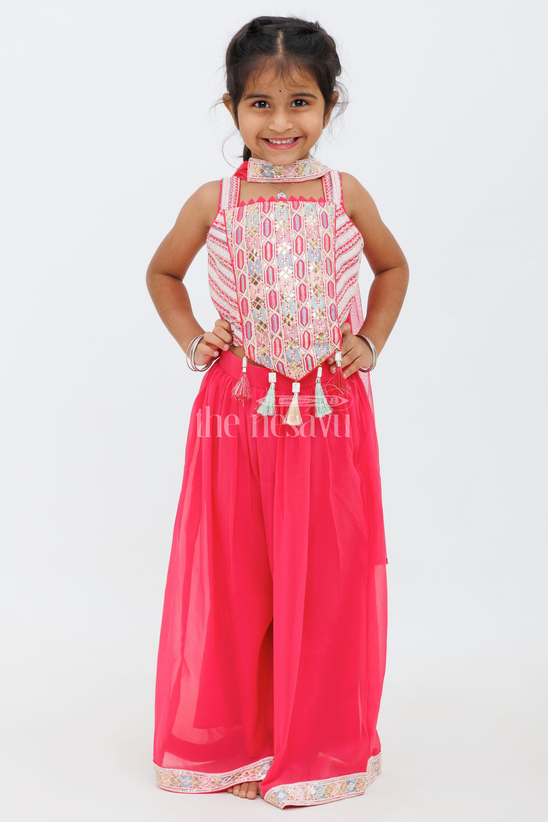 The Nesavu Girls Sharara / Plazo Set Girls Red Sharara Set with Sleeveless Crop Top and Embroidered Detailing Nesavu 16 (1Y) / Red GPS401B-16 Nesavu Girls Red Sharara Set Sleeveless Crop Top Intricate Embroidery