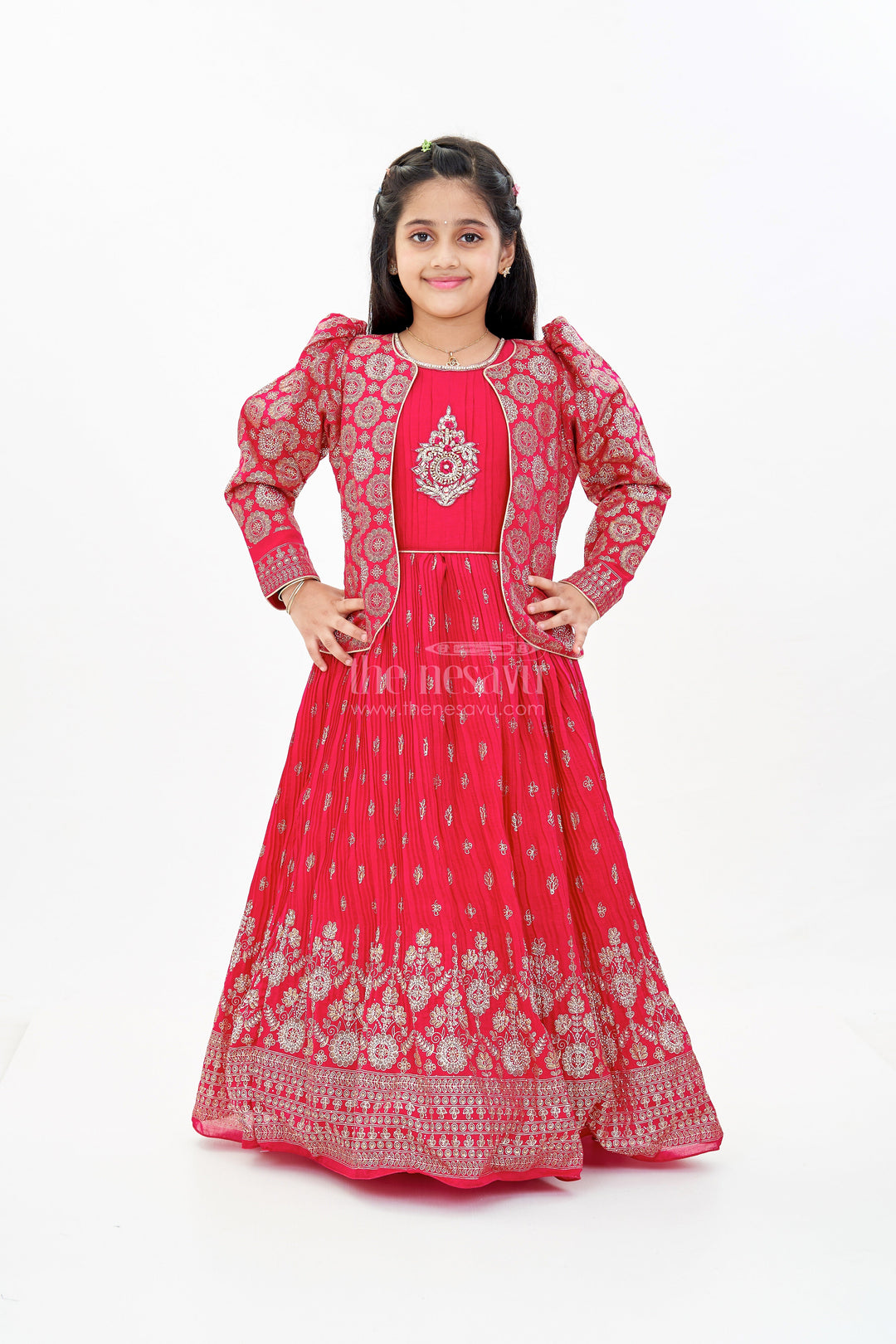 The Nesavu Girls Silk Gown Girls Red Silk Dressing Gown with Embroidered Jacket and Flowy Pleated Skirt for a Regal Look Nesavu 24 (5Y) / Red GA297A-24 Nesavu Girls Red Silk Dressing Gown Embroidered Jacket Pleated Skirt