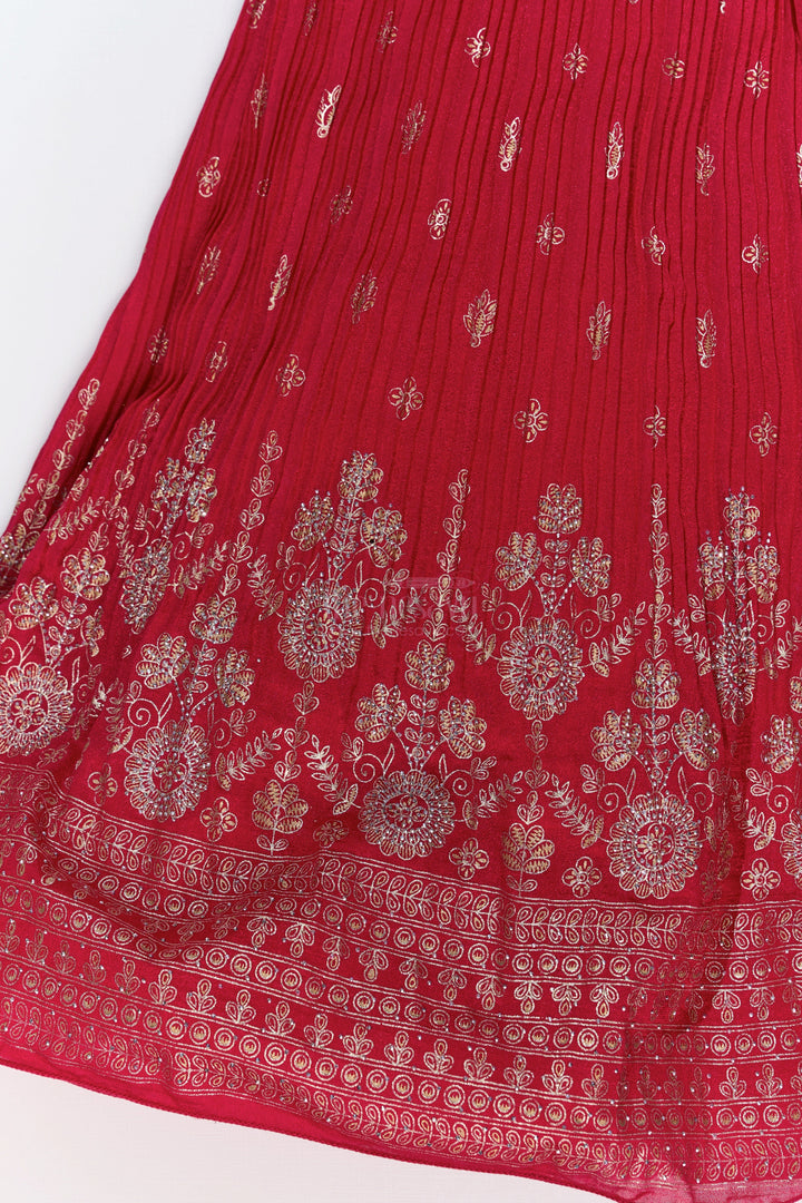 The Nesavu Girls Silk Gown Girls Red Silk Dressing Gown with Embroidered Jacket and Flowy Pleated Skirt for a Regal Look Nesavu Girls Red Silk Dressing Gown Embroidered Jacket Pleated Skirt | The Nesavu