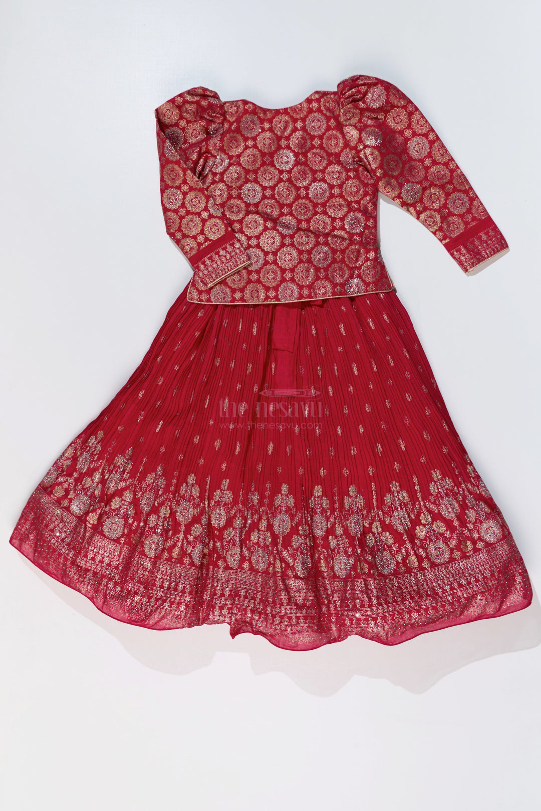 The Nesavu Girls Silk Gown Girls Red Silk Dressing Gown with Embroidered Jacket and Flowy Pleated Skirt for a Regal Look Nesavu Girls Red Silk Dressing Gown Embroidered Jacket Pleated Skirt | The Nesavu