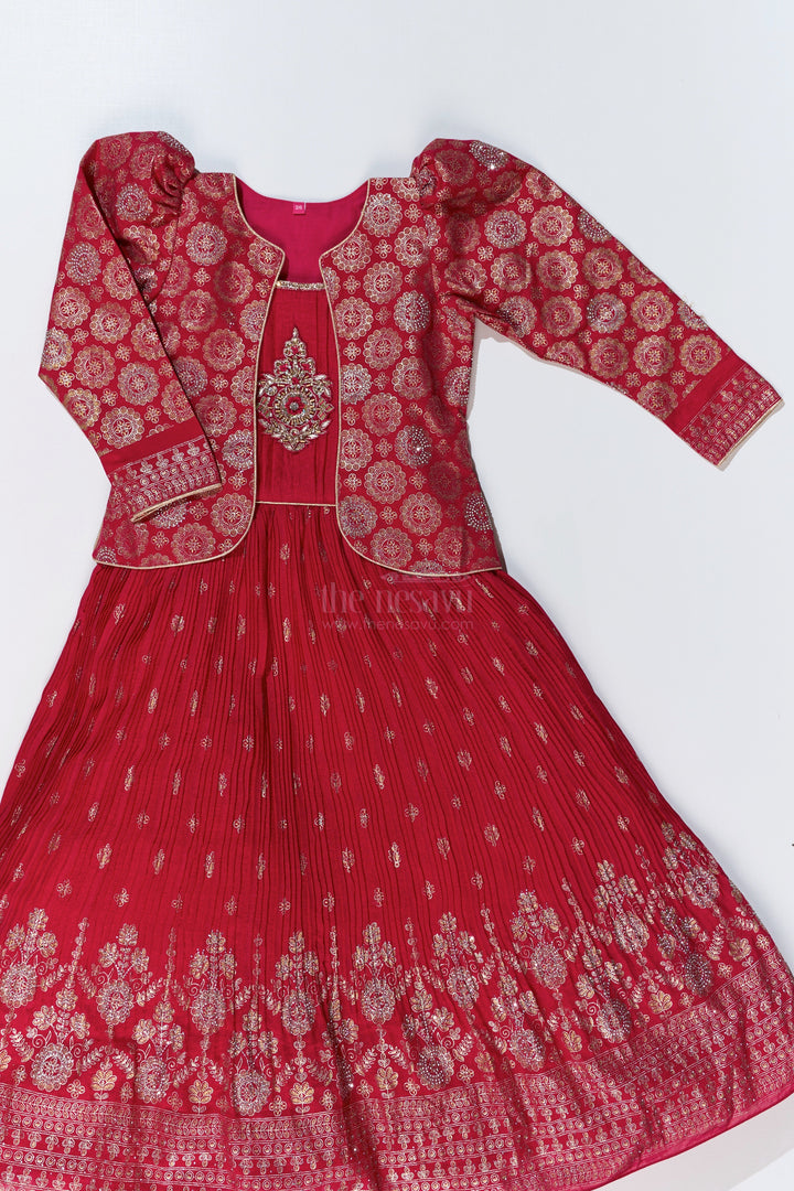 The Nesavu Girls Silk Gown Girls Red Silk Dressing Gown with Embroidered Jacket and Flowy Pleated Skirt for a Regal Look Nesavu Girls Red Silk Dressing Gown Embroidered Jacket Pleated Skirt | The Nesavu