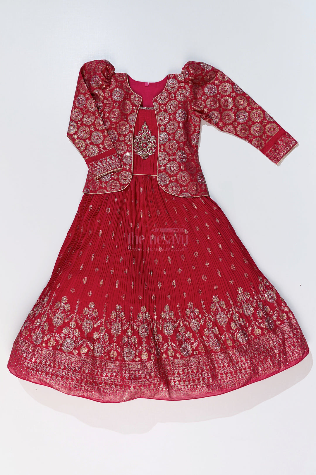 The Nesavu Girls Silk Gown Girls Red Silk Dressing Gown with Embroidered Jacket and Flowy Pleated Skirt for a Regal Look Nesavu Girls Red Silk Dressing Gown Embroidered Jacket Pleated Skirt | The Nesavu