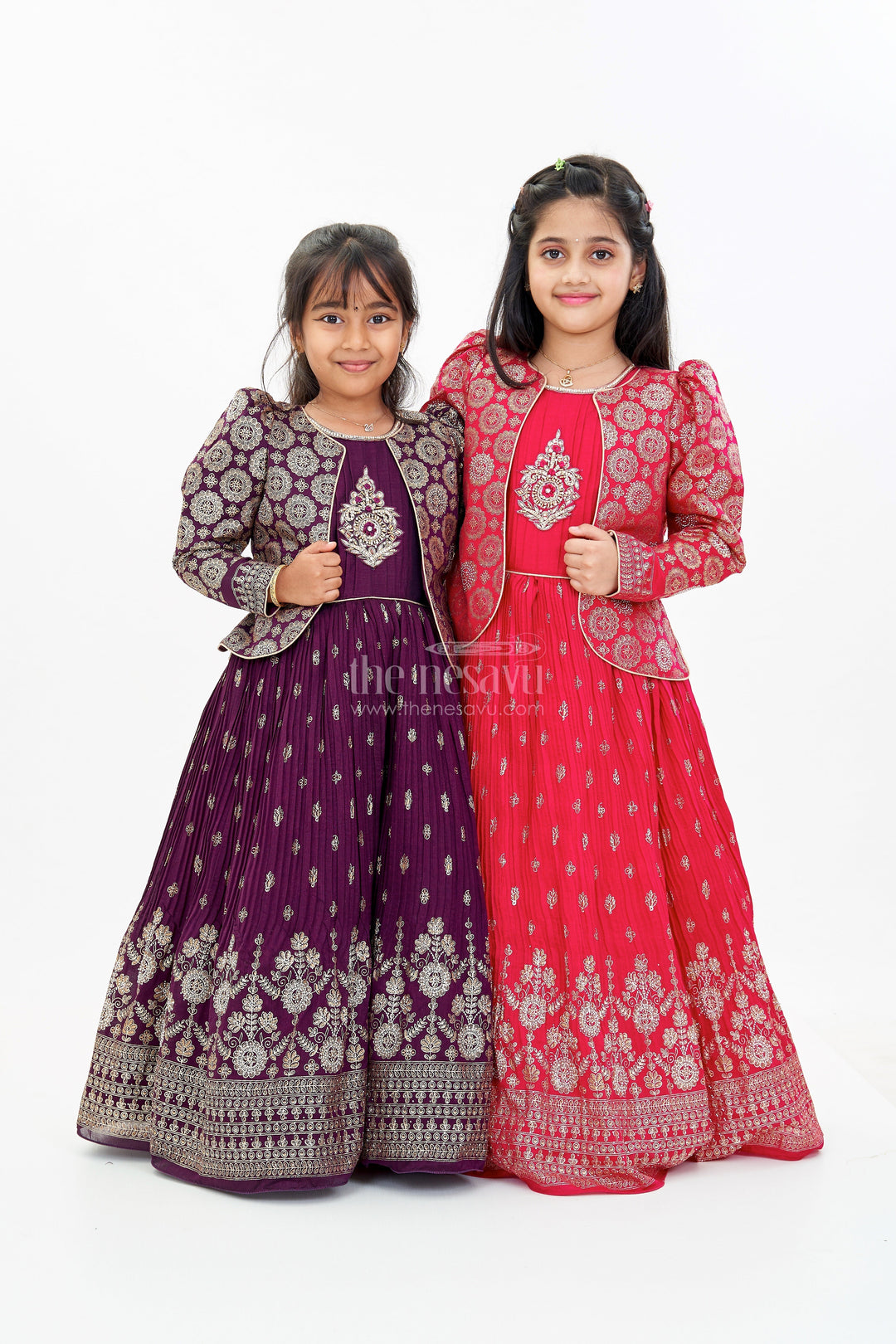 The Nesavu Girls Silk Gown Girls Red Silk Dressing Gown with Embroidered Jacket and Flowy Pleated Skirt for a Regal Look Nesavu Girls Red Silk Dressing Gown Embroidered Jacket Pleated Skirt | The Nesavu