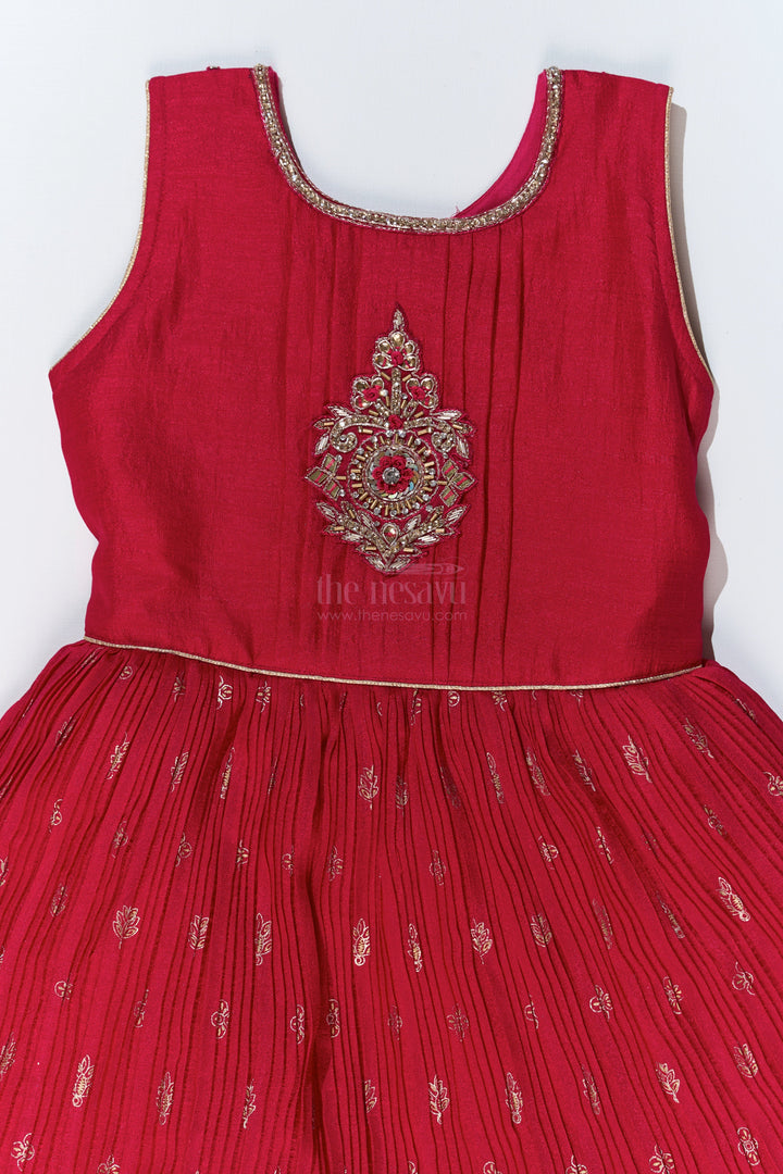 The Nesavu Girls Silk Gown Girls Red Silk Dressing Gown with Embroidered Jacket and Flowy Pleated Skirt for a Regal Look Nesavu Nesavu Girls Red Silk Dressing Gown Embroidered Jacket Pleated Skirt