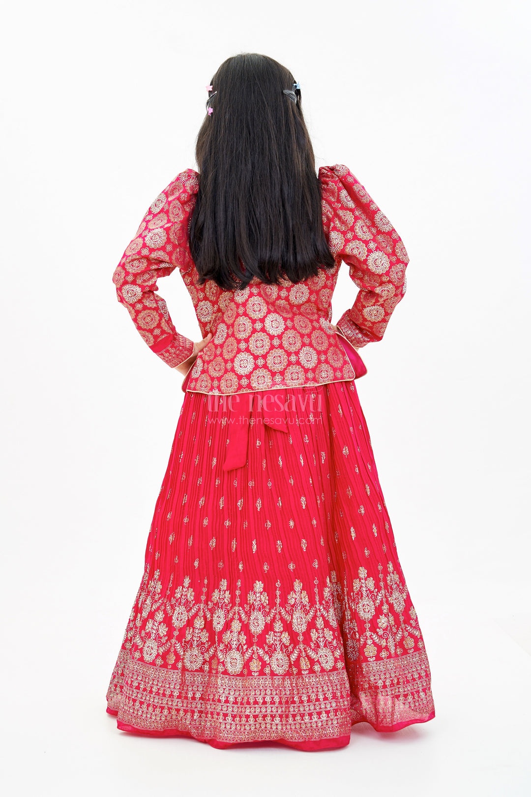 The Nesavu Girls Silk Gown Girls Red Silk Dressing Gown with Embroidered Jacket and Flowy Pleated Skirt for a Regal Look Nesavu Nesavu Girls Red Silk Dressing Gown Embroidered Jacket Pleated Skirt