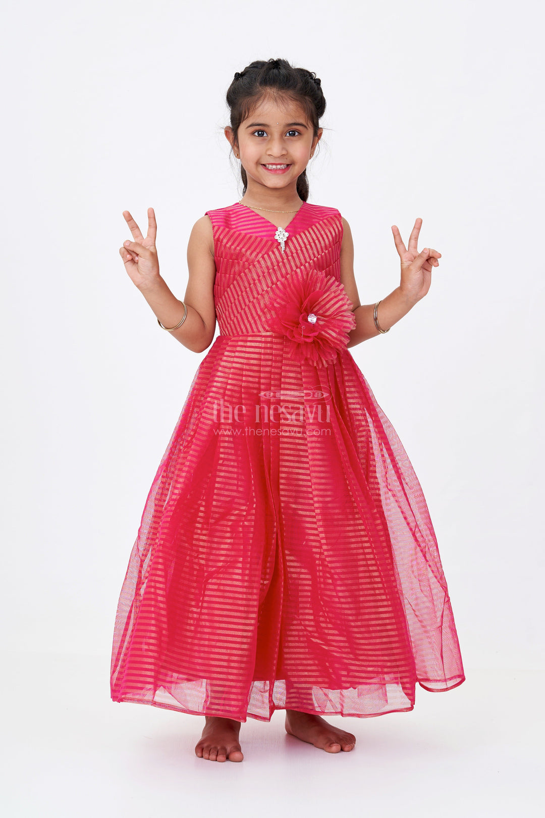 The Nesavu Girls Silk Gown Girls Red Silk Gown in Soft Net with Stripe Design and Oversized Floral Waist Embellishment Nesavu 20 (3Y) / Pink GA302C-20 Girls Red Silk Gown Soft Net Gold Stripes Waist Flower Detail | The Nesavu