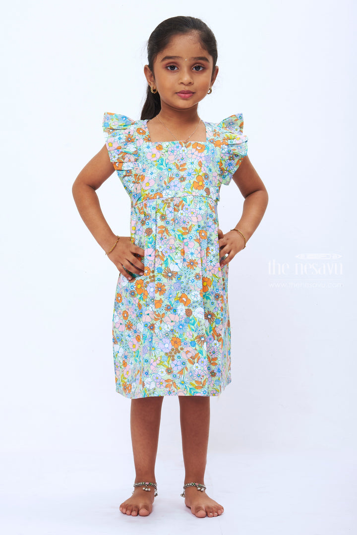 The Nesavu Girls Cotton Frock Girls Retro Blooms Cotton Frock  EcoFriendly Floral Print Dress Nesavu 14 (6M) / Green / Cotton GFC1222C-14 Sustainable Girls Floral Cotton Dress | Vibrant Eco Friendly Fashion | The Nesavu