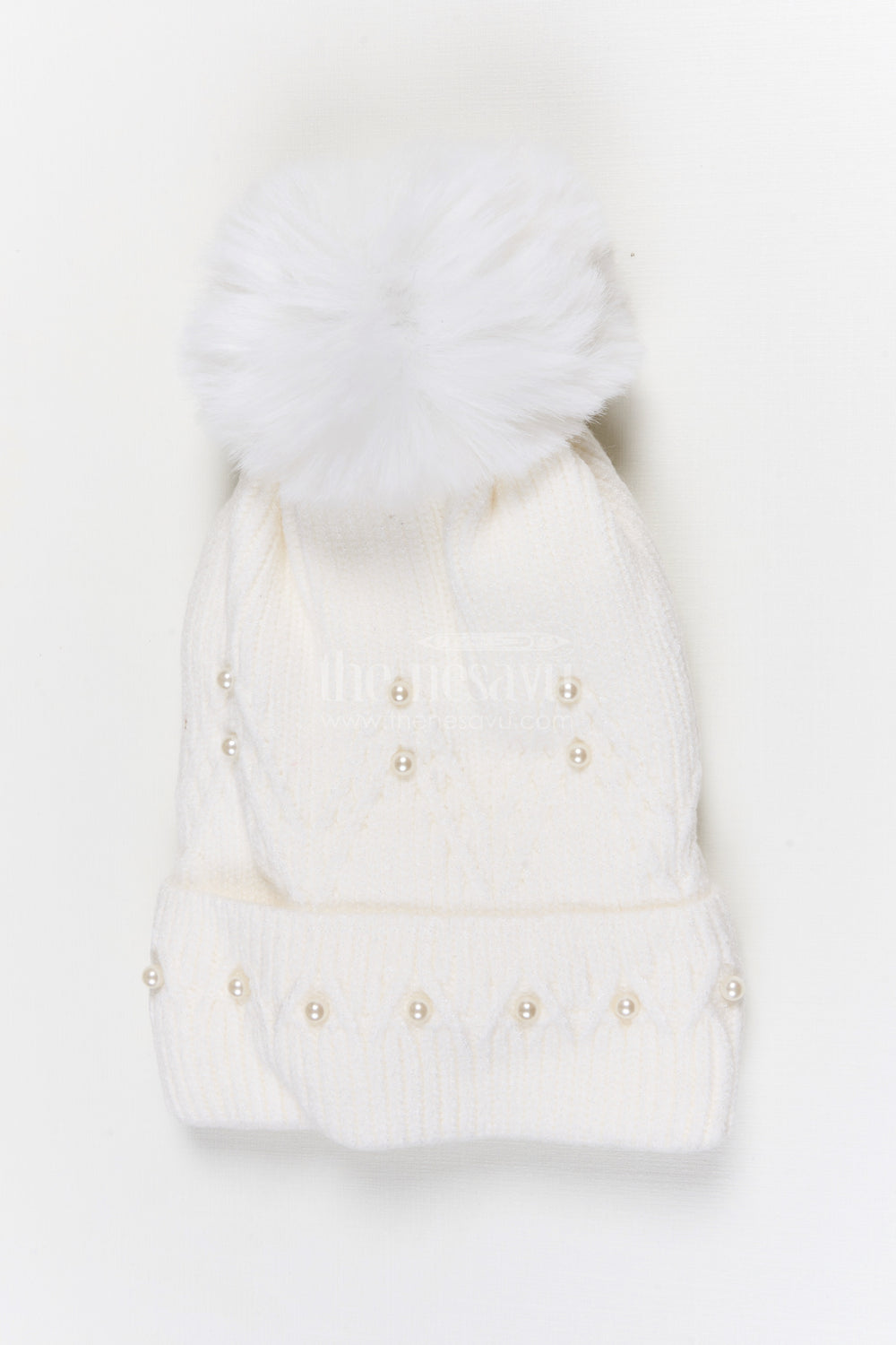 The Nesavu Baby Accessories Girls Rib Knit Beanie Cap with Pom Pom Detail Nesavu Half white / Rib Knit IA003D-8 Nesavu Girls Half White Rib Knit Beanie Cap With Pom Pom | New Born To 6 Months