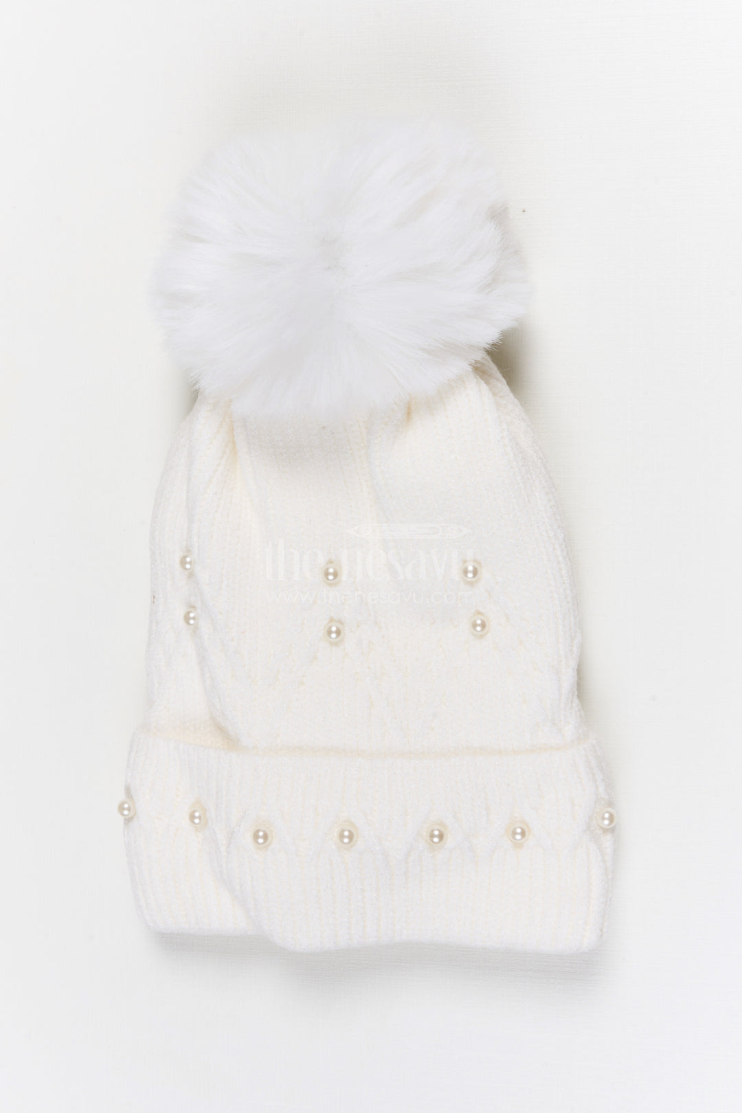 The Nesavu Baby Accessories Girls Rib Knit Beanie Cap with Pom Pom Detail Nesavu Half white / Rib Knit IA003D-8 Nesavu Girls Half White Rib Knit Beanie Cap With Pom Pom | New Born To 6 Months