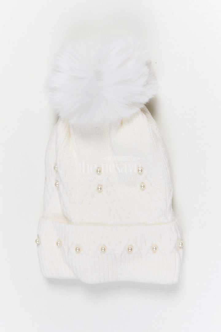 The Nesavu Baby Accessories Girls Rib Knit Beanie Cap with Pom Pom Detail Nesavu Half white / Rib Knit IA003D-8 Nesavu Girls Half White Rib Knit Beanie Cap With Pom Pom | New Born To 6 Months