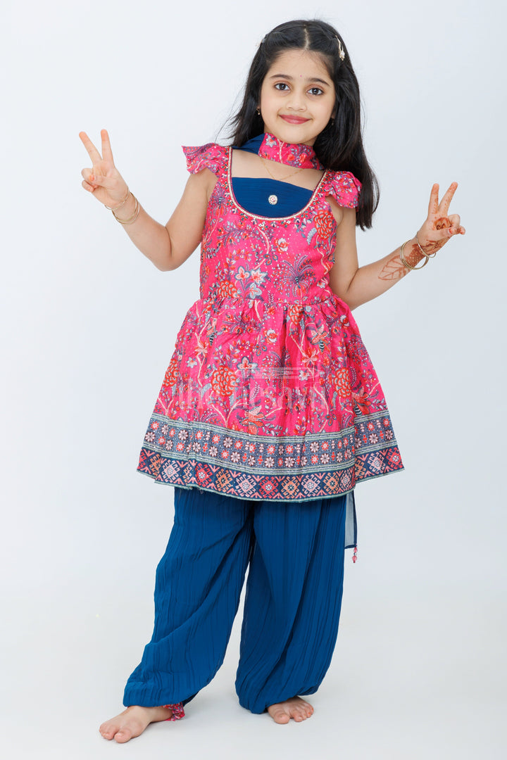 The Nesavu Girls Sharara / Plazo Set Girls Rose Viscose Georgette Peplum Kurta with Navy Patiala and Floral Dupatta Nesavu 16 (1Y) / Rose GPS453A-16 Nesavu Girls Rose Peplum Kurta Navy Patiala Floral Dupatta Festive Occasions