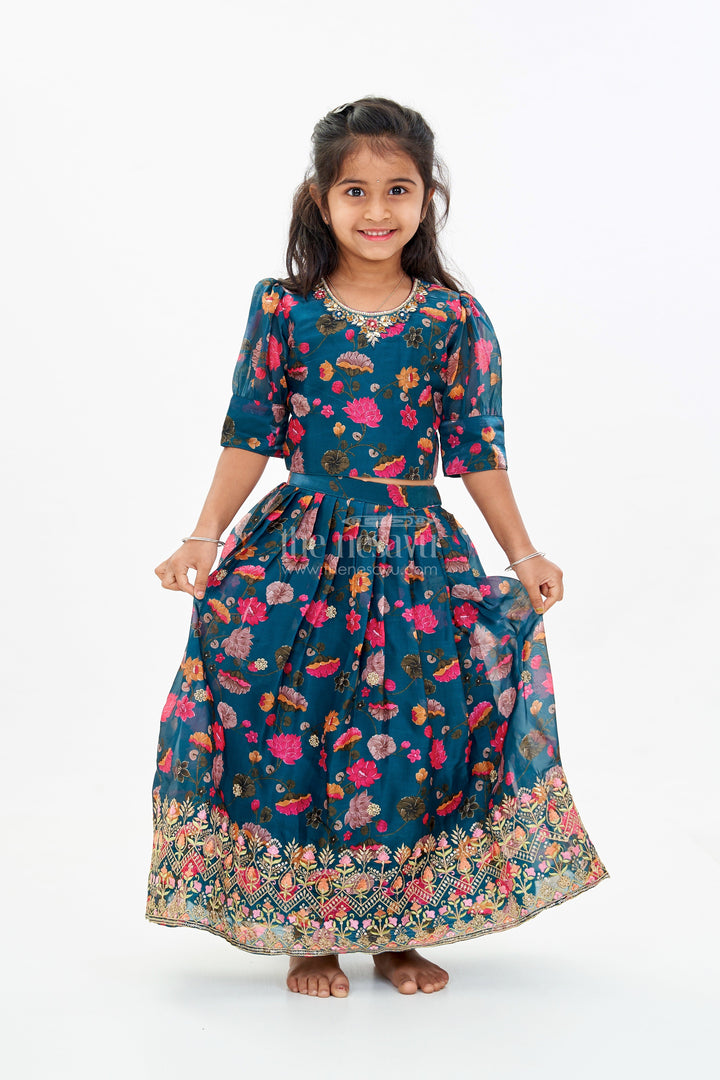 The Nesavu Girls Lehenga Choli Girls Royal Blue Lehenga Choli with Floral Embroidery and Puff Sleeve Blouse Nesavu 16 (1Y) / Green GL577A-16 Girls Embroidered Royal Blue Lehenga Choli Floral Puff Sleeve Blouse | The Nesavu