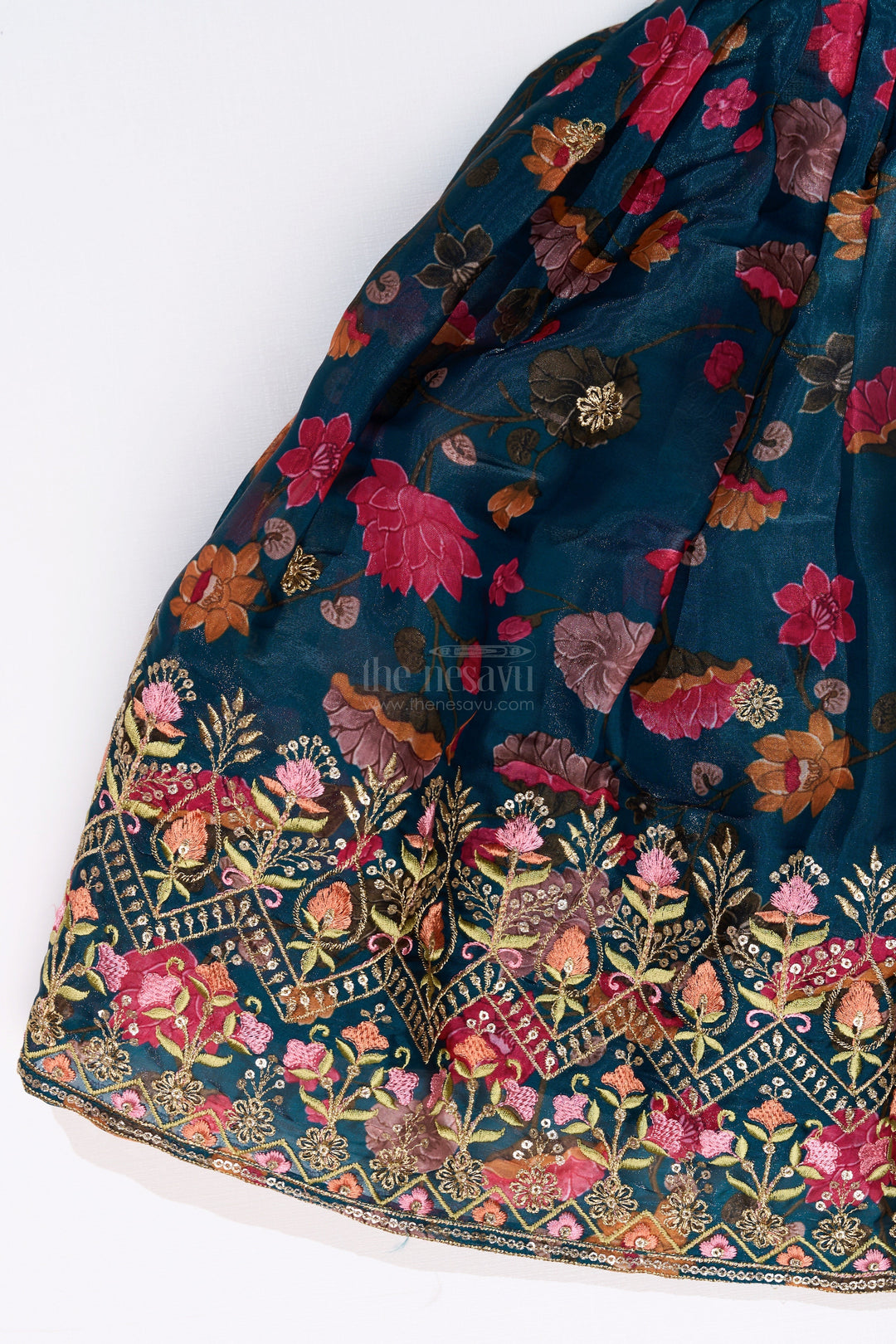 The Nesavu Girls Lehenga Choli Girls Royal Blue Lehenga Choli with Floral Embroidery and Puff Sleeve Blouse Nesavu Girls Embroidered Royal Blue Lehenga Choli Floral Puff Sleeve Blouse | The Nesavu