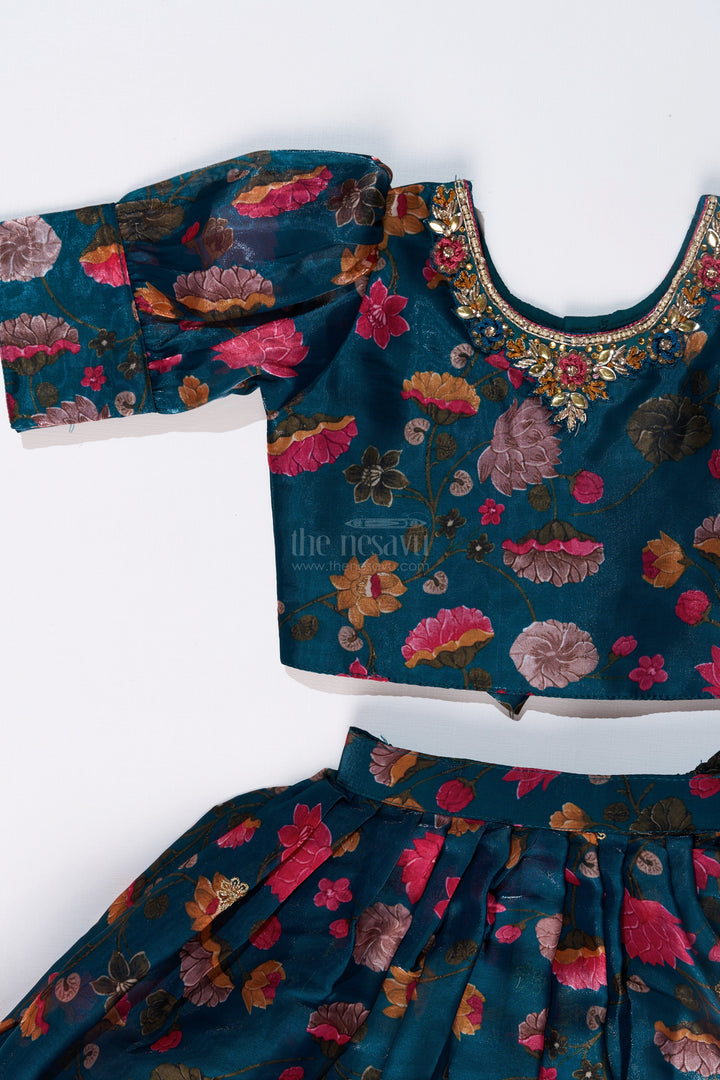 The Nesavu Girls Lehenga Choli Girls Royal Blue Lehenga Choli with Floral Embroidery and Puff Sleeve Blouse Nesavu Girls Embroidered Royal Blue Lehenga Choli Floral Puff Sleeve Blouse | The Nesavu