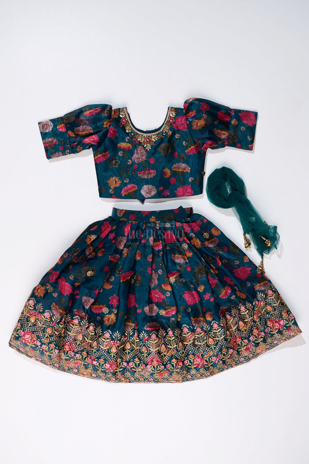 The Nesavu Girls Lehenga Choli Girls Royal Blue Lehenga Choli with Floral Embroidery and Puff Sleeve Blouse Nesavu Girls Embroidered Royal Blue Lehenga Choli Floral Puff Sleeve Blouse | The Nesavu