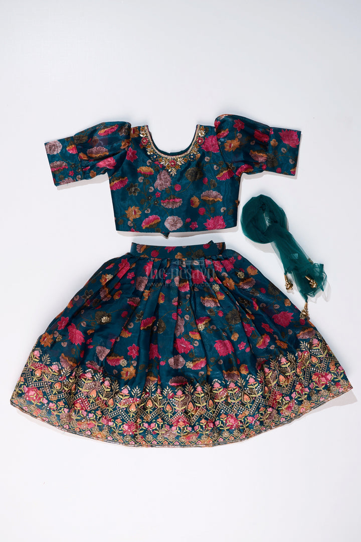 The Nesavu Girls Lehenga Choli Girls Royal Blue Lehenga Choli with Floral Embroidery and Puff Sleeve Blouse Nesavu Girls Embroidered Royal Blue Lehenga Choli Floral Puff Sleeve Blouse | The Nesavu