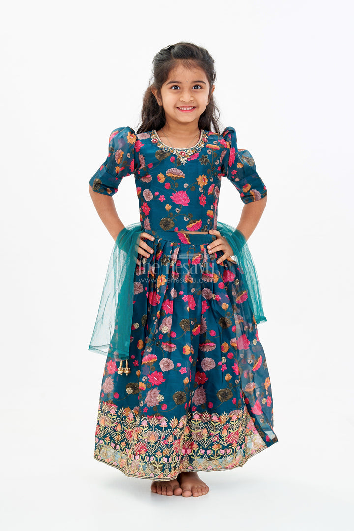 The Nesavu Girls Lehenga Choli Girls Royal Blue Lehenga Choli with Floral Embroidery and Puff Sleeve Blouse Nesavu Girls Embroidered Royal Blue Lehenga Choli Floral Puff Sleeve Blouse | The Nesavu