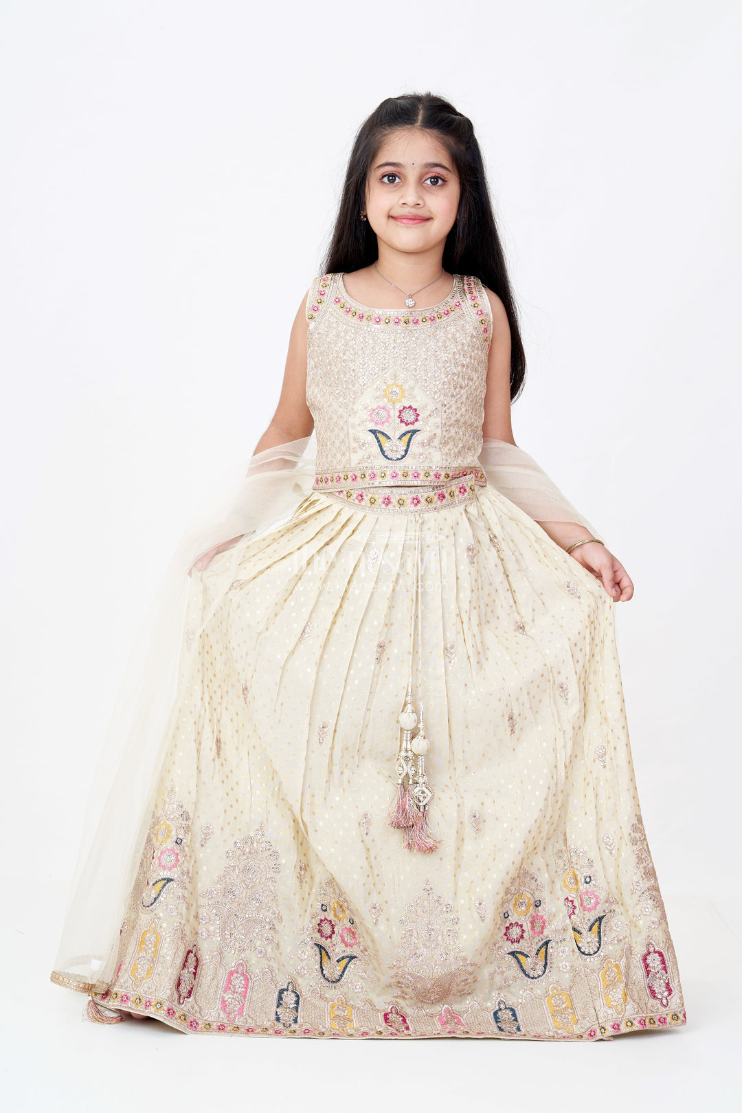 The Nesavu Girls Lehenga Choli Girls Royal Lehenga with Intricate Embroidery and Mirror Work Choli in Gold Nesavu 24 (5Y) / Cream GL602A-24 Girls Royal Lehenga Intricate Embroidery Mirror Work Choli Gold | The Nesavu