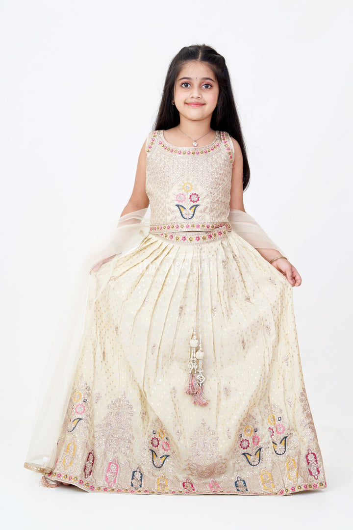 The Nesavu Girls Lehenga Choli Girls Royal Lehenga with Intricate Embroidery and Mirror Work Choli in Gold Nesavu 24 (5Y) / Cream GL602A-24 Nesavu Girls Royal Lehenga Intricate Embroidery Mirror Work Choli Gold