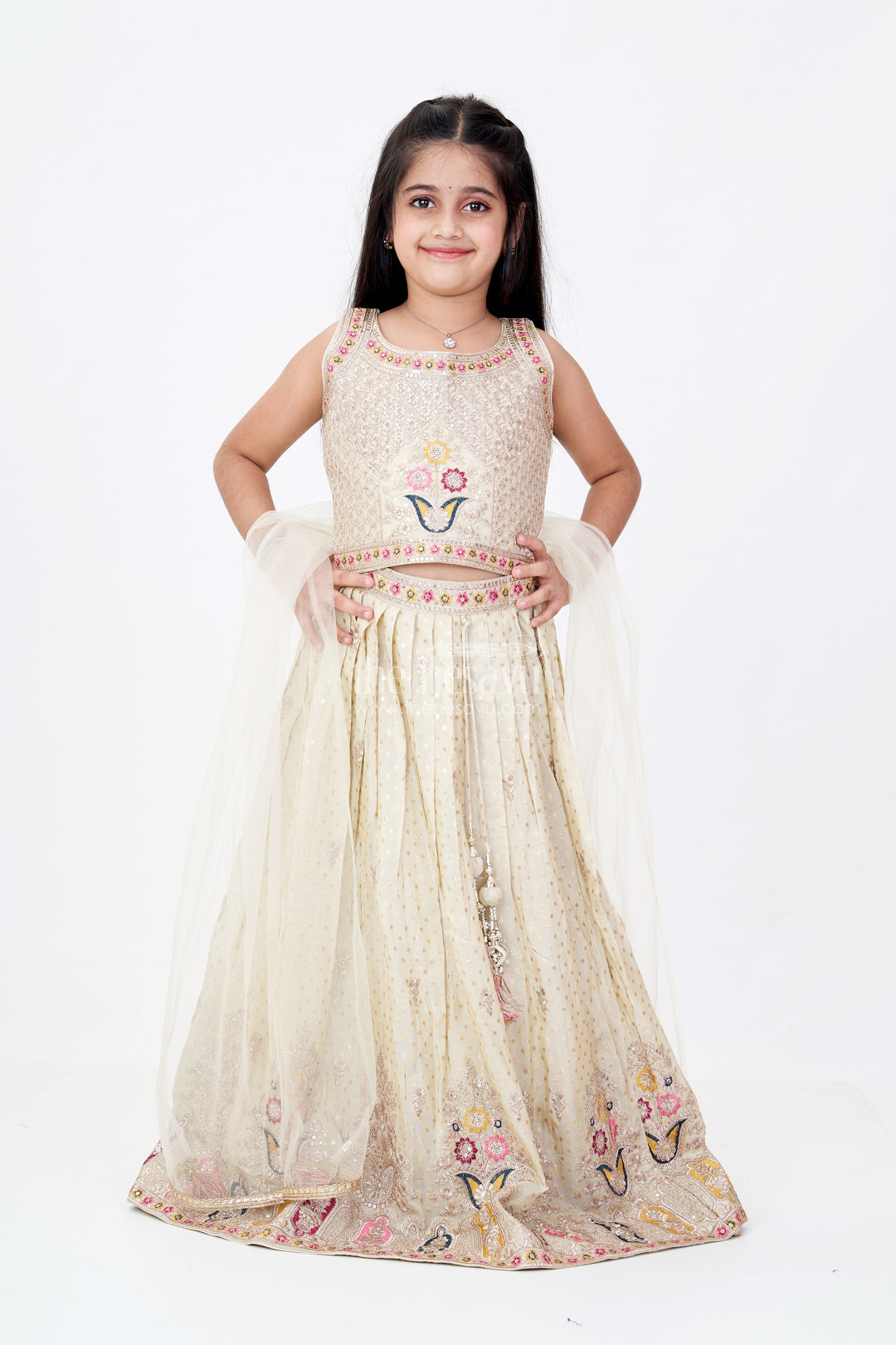 The Nesavu Girls Lehenga Choli Girls Royal Lehenga with Intricate Embroidery and Mirror Work Choli in Gold Nesavu Girls Royal Lehenga Intricate Embroidery Mirror Work Choli Gold | The Nesavu