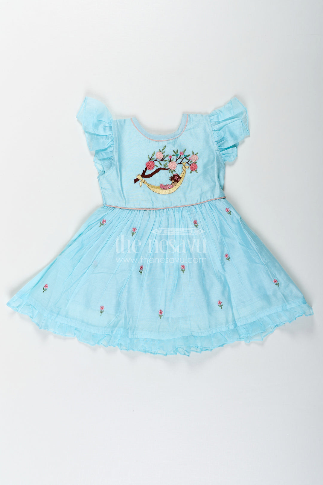 The Nesavu Girls Chanderi Frock Girls Ruffle Sleeves Long Frock in Chanderi with Thread Embroidery and Floral Motifs for Everyday Elegance Nesavu 16 (1Y) / Blue GFC1667A-16 Girls Ruffle Sleeves Long Frock Chanderi Embroidered Floral Yoke Flared Hem | The Nesavu