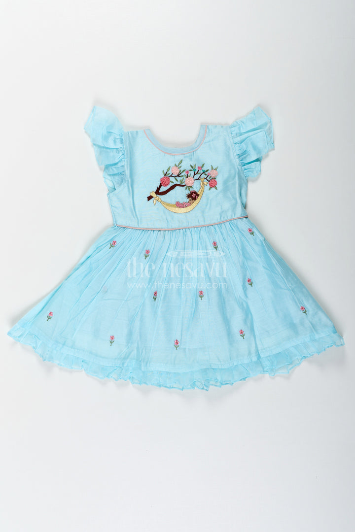 The Nesavu Girls Chanderi Frock Girls Ruffle Sleeves Long Frock in Chanderi with Thread Embroidery and Floral Motifs for Everyday Elegance Nesavu 16 (1Y) / Blue GFC1667A-16 Girls Ruffle Sleeves Long Frock Chanderi Embroidered Floral Yoke Flared Hem | The Nesavu