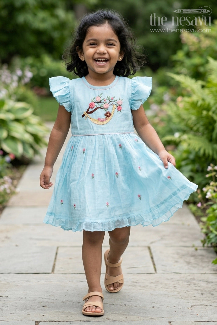 The Nesavu Girls Chanderi Frock Girls Ruffle Sleeves Long Frock in Chanderi with Thread Embroidery and Floral Motifs for Everyday Elegance Nesavu 16 (1Y) / Blue GFC1667A-16 Girls Ruffle Sleeves Long Frock Chanderi Embroidered Floral Yoke Flared Hem | The Nesavu