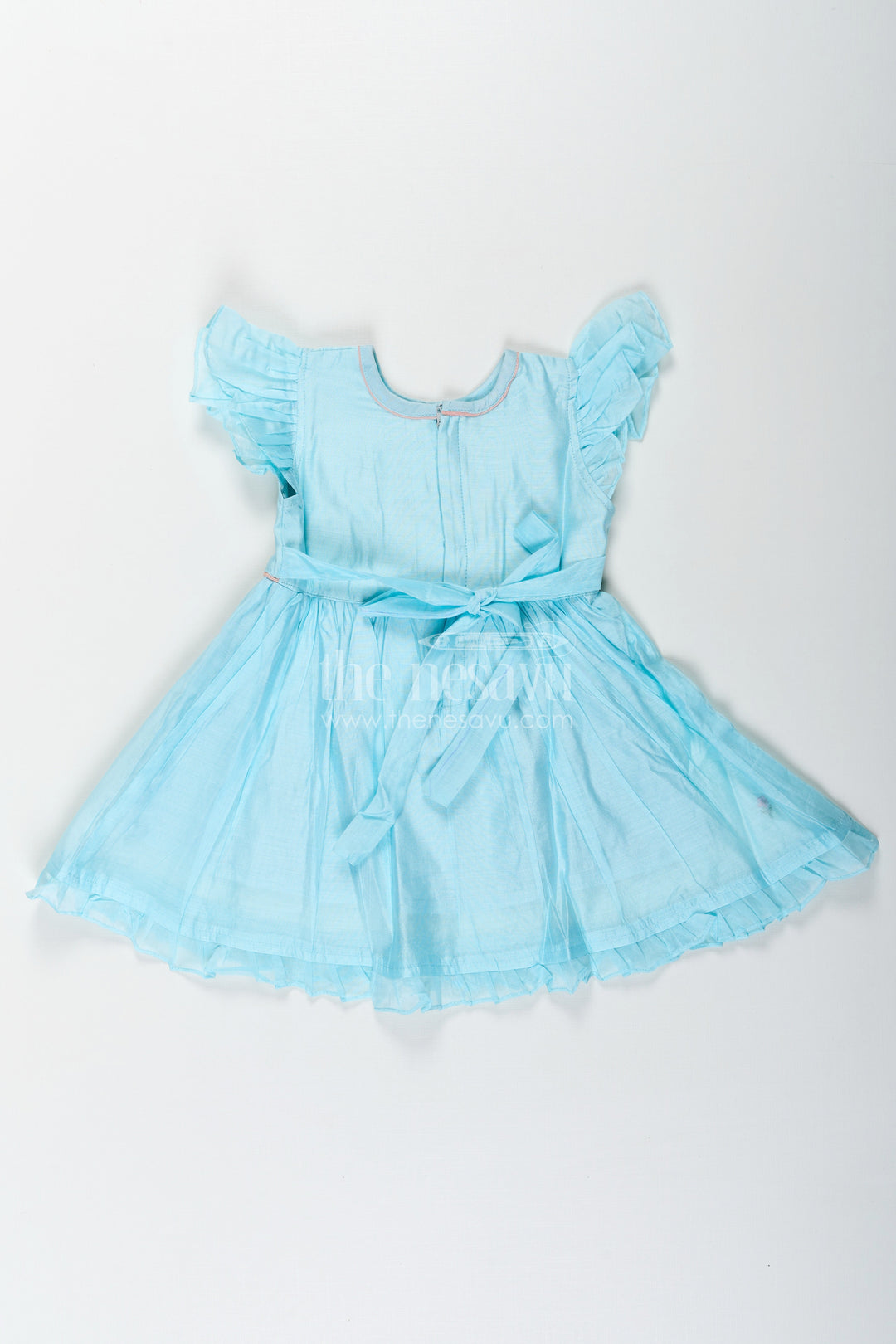 The Nesavu Girls Chanderi Frock Girls Ruffle Sleeves Long Frock in Chanderi with Thread Embroidery and Floral Motifs for Everyday Elegance Nesavu Girls Ruffle Sleeves Long Frock Chanderi Embroidered Floral Yoke Flared Hem | The Nesavu