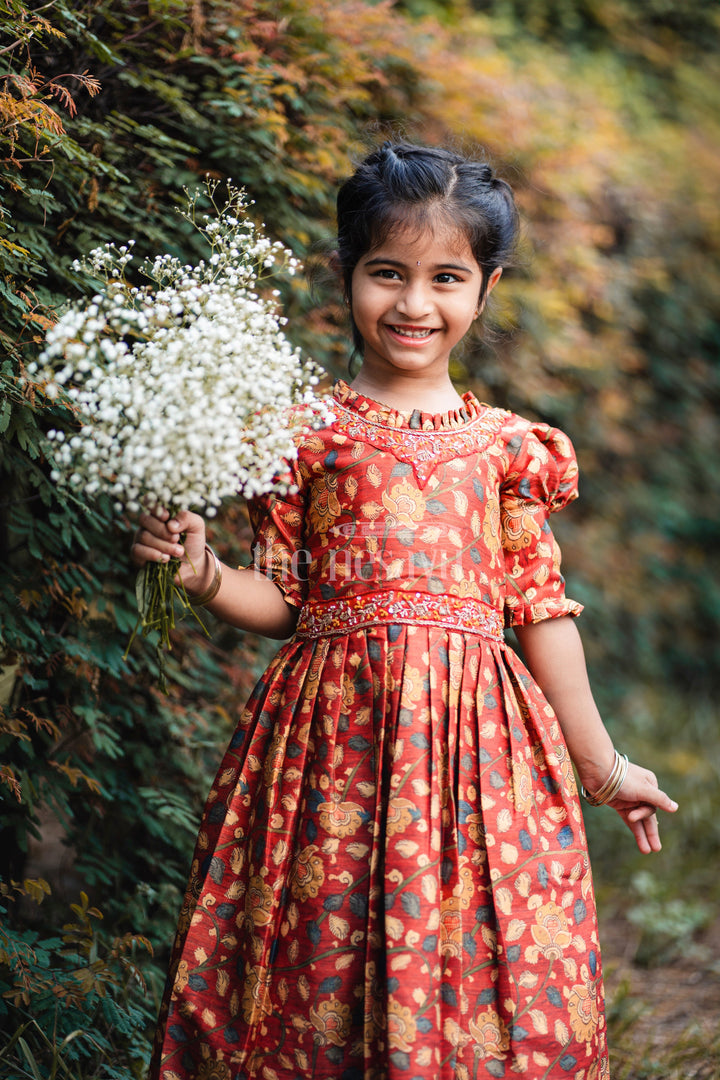 The Nesavu Girls Party Gown Girls Rustic Autumn Kalamkari Print Anarkali Dress with Embellished Accents Nesavu 16 (1Y) / Red / Blend Silk GA193A-16 Traditional Kalamkari Anarkali Dress for Festive Girls' Wear | The Nesavu