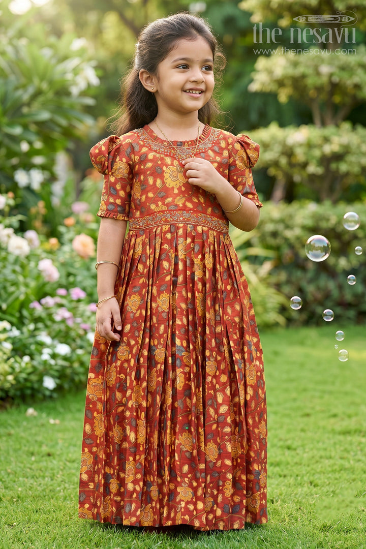 The Nesavu Girls Party Gown Girls Rustic Autumn Kalamkari Print Anarkali Dress with Embellished Accents Nesavu Traditional Kalamkari Anarkali Dress for Festive Girls Wear | The Nesavu