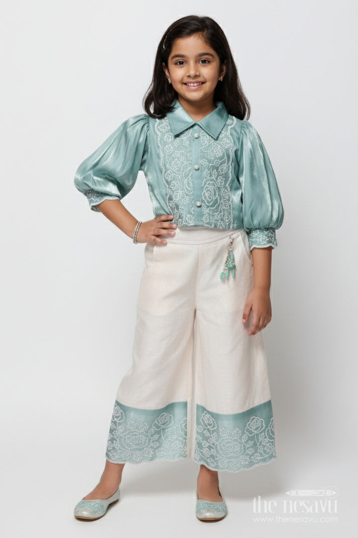 The Nesavu Girls Co-Ord Sets Girls Satin Co-Ord Set with Embroidery for Festive Parties Nesavu 18 (2Y) / Green GPS722A-18 Nesavu girls satin co-ord set embroidery festive wear birthdays ethnic celebrations