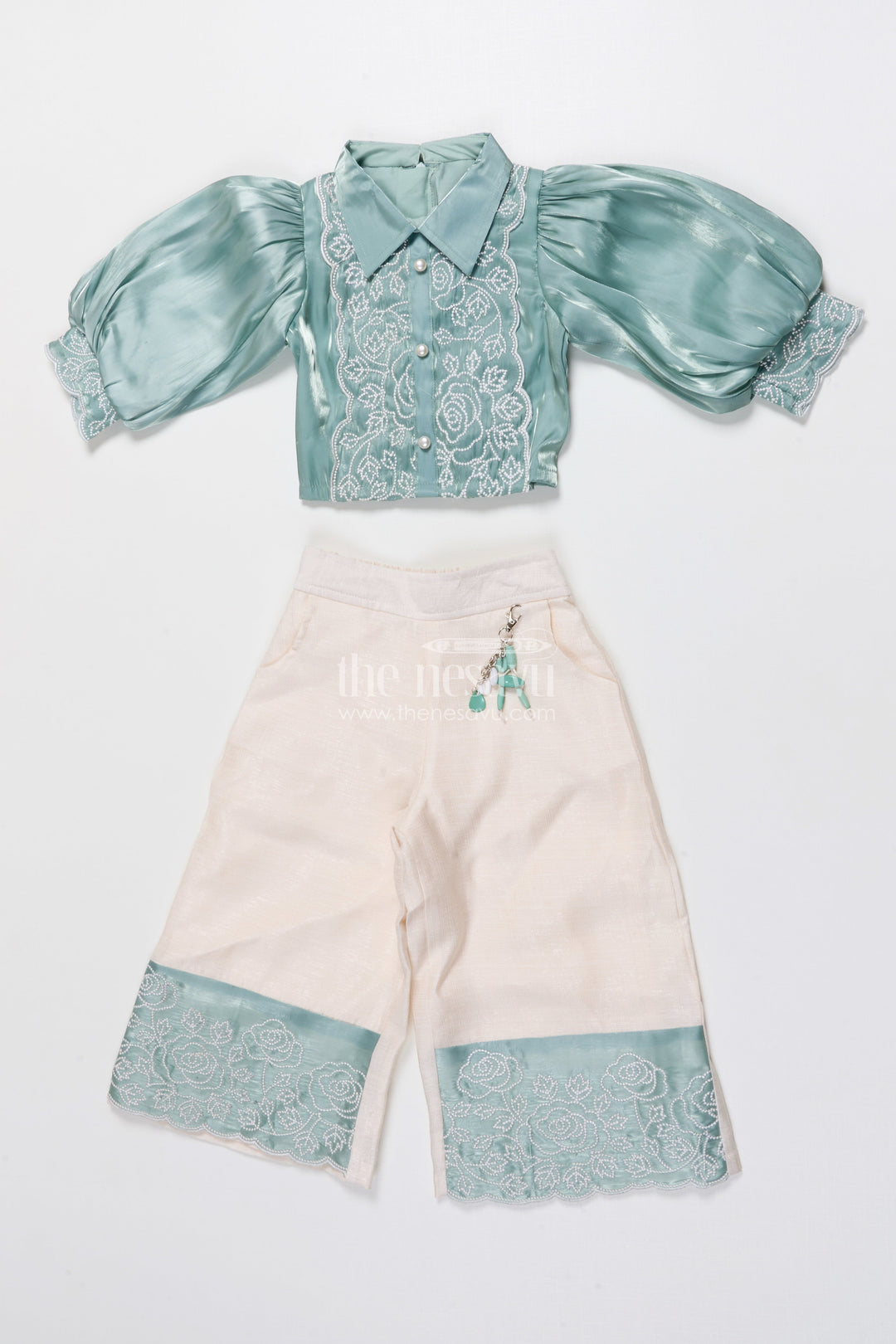 The Nesavu Girls Co-Ord Sets Girls Satin Co-Ord Set with Embroidery for Festive Parties Nesavu Nesavu girls satin co-ord set embroidery festive wear birthdays ethnic celebrations