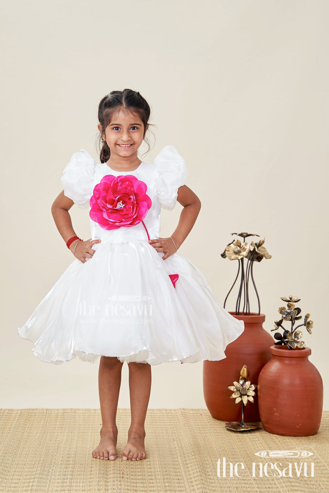 The Nesavu Girls Fancy Party Frock Girls Satin New Simple Frock Design with Puffy Sleeves and Oversized Floral Embellishment Nesavu 16 (1Y) / Cream PF223A-16 Nesavu Girls White Satin Party Frock Puffy Sleeves Pink Flower new simple frock design
